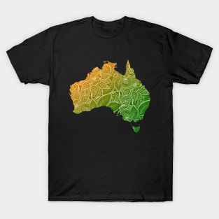 Colorful mandala art map of Australia with text in green and orange T-Shirt